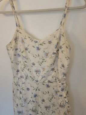 Cream Linen Blend Jumpsuit With Pretty Blue Flower Print